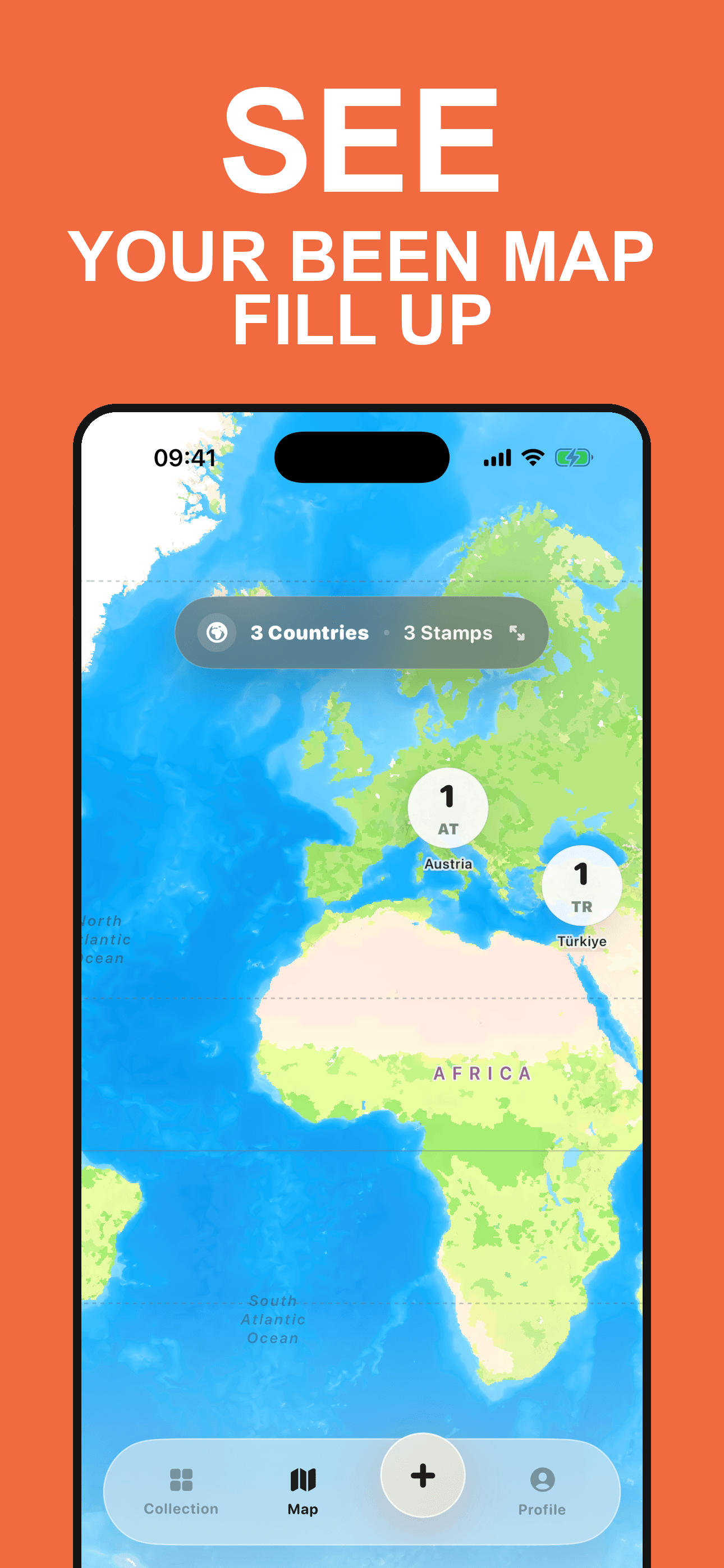 Roamory screenshot showing the map tab and travel progress.